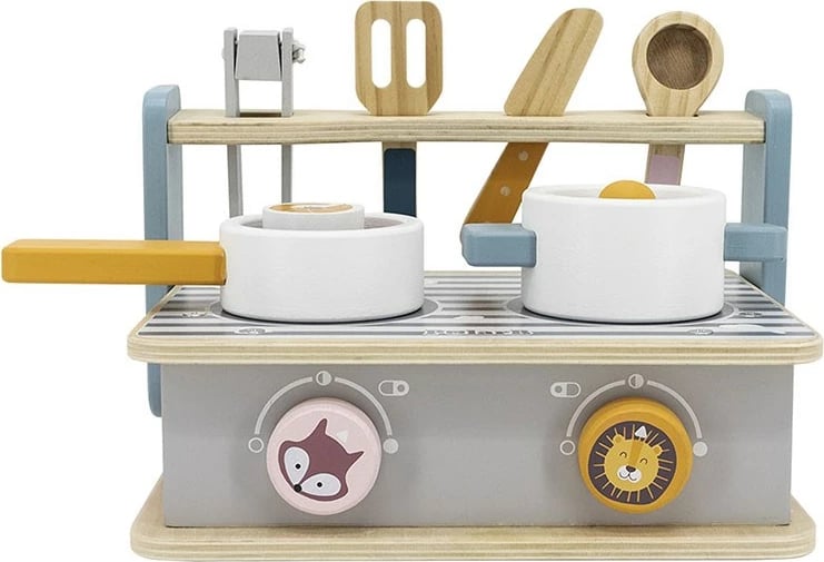 Mini kuzhinë druri, Viga, sobë palosëse me tigan e tenxhere, aksesorë lojë imagjinare 2+ vjeç, multikolor, set