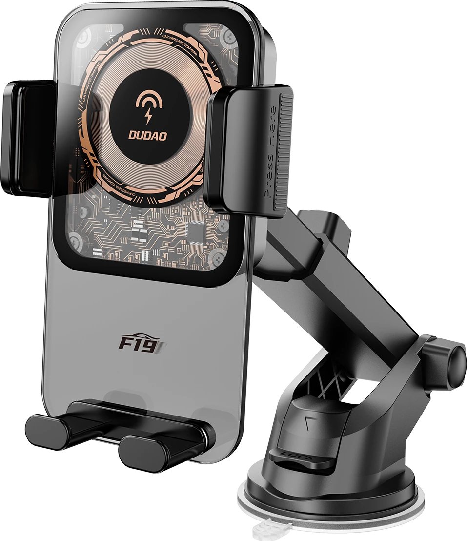 Mbajtës makine me karikues me valë 15W, Dudao F19, krah i rregullueshëm, montim panel/ventilim, zi