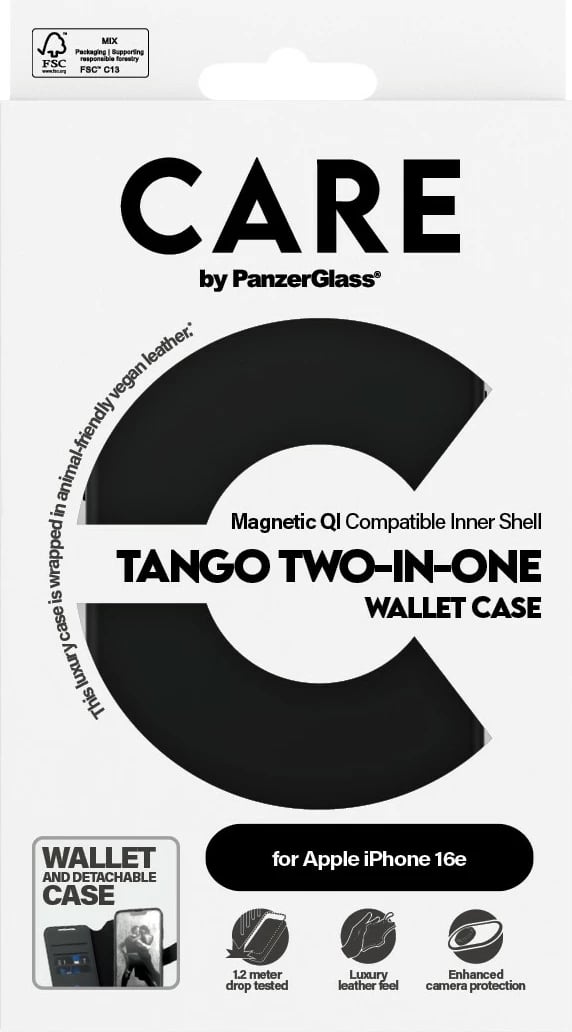Mbështjellës PanzerGlass CARE Case Feature Tango 2-in-1 Wallet për iPhone 16e, i zi