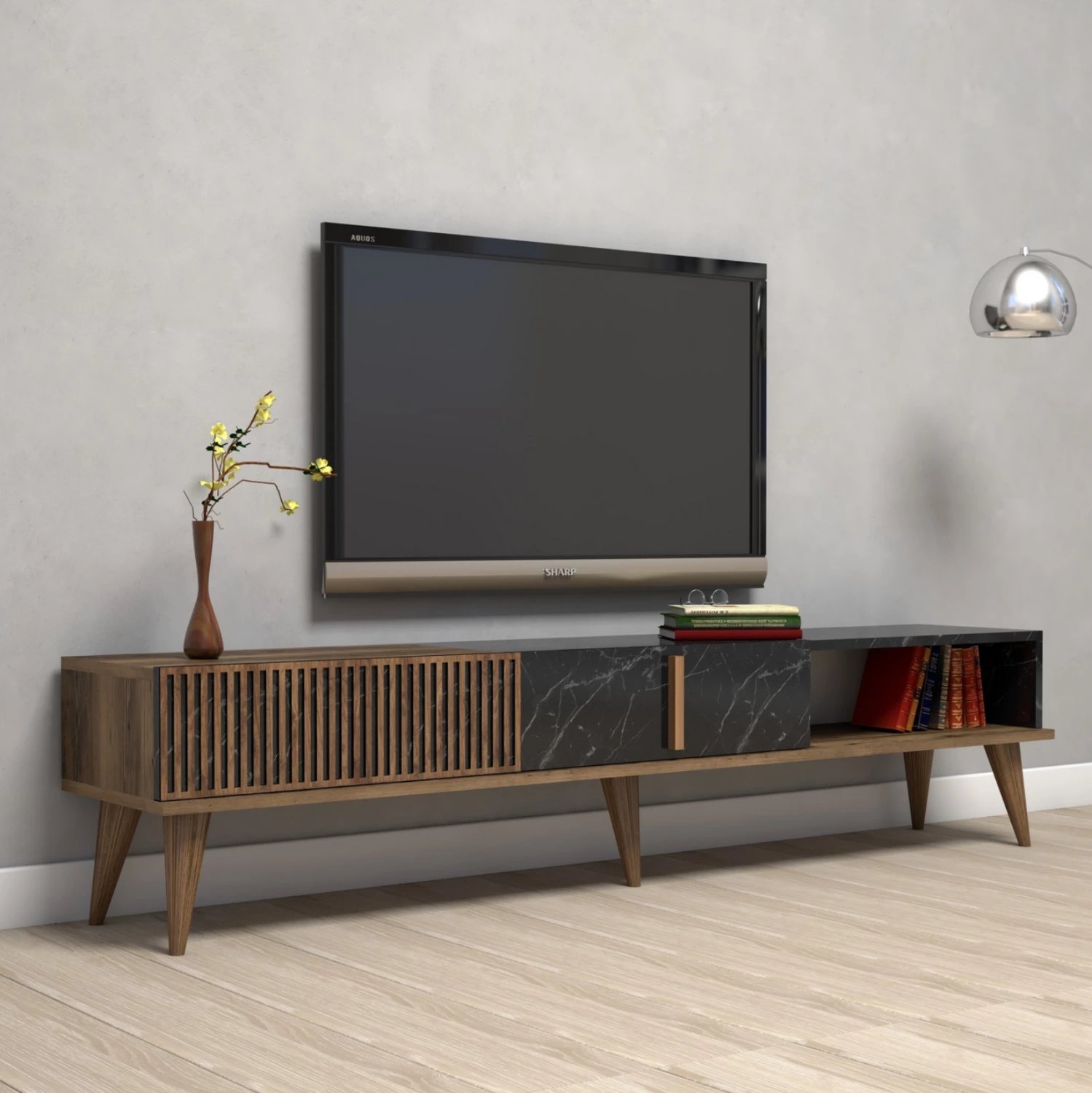 Mbajtës TV, FH9512.02, melaminë, ngjyrë arre dhe mermer i zi, 180x35x40Hcm