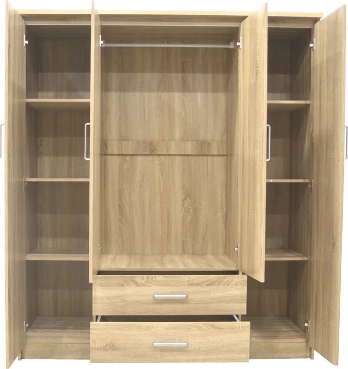 Dollap Olympus me 4 dyer dhe sirtarë, ngjyrë lisi e çelët, 159x57x183cm