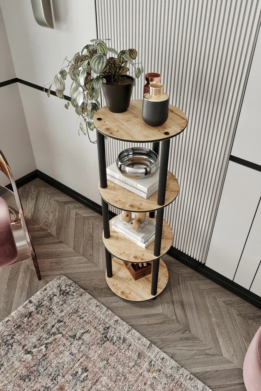 Raft librash Skye Decor, 4 kate, i rrumbullakët, ngjyrë lisi