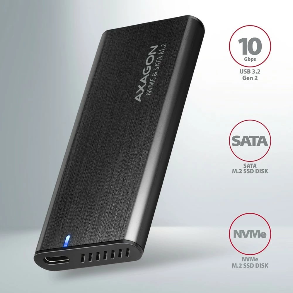 Kasë e jashtme AXAGON EEM2-SB2 për SSD M.2 NVMe/SATA, USB-C 3.2 Gen 2, Alumini, e zezë