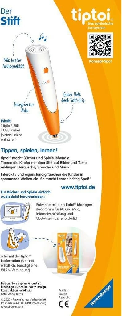 Stilolaps interaktiv Ravensburger tiptoi 00110, për fëmijë 2+, portokalli/bardhë