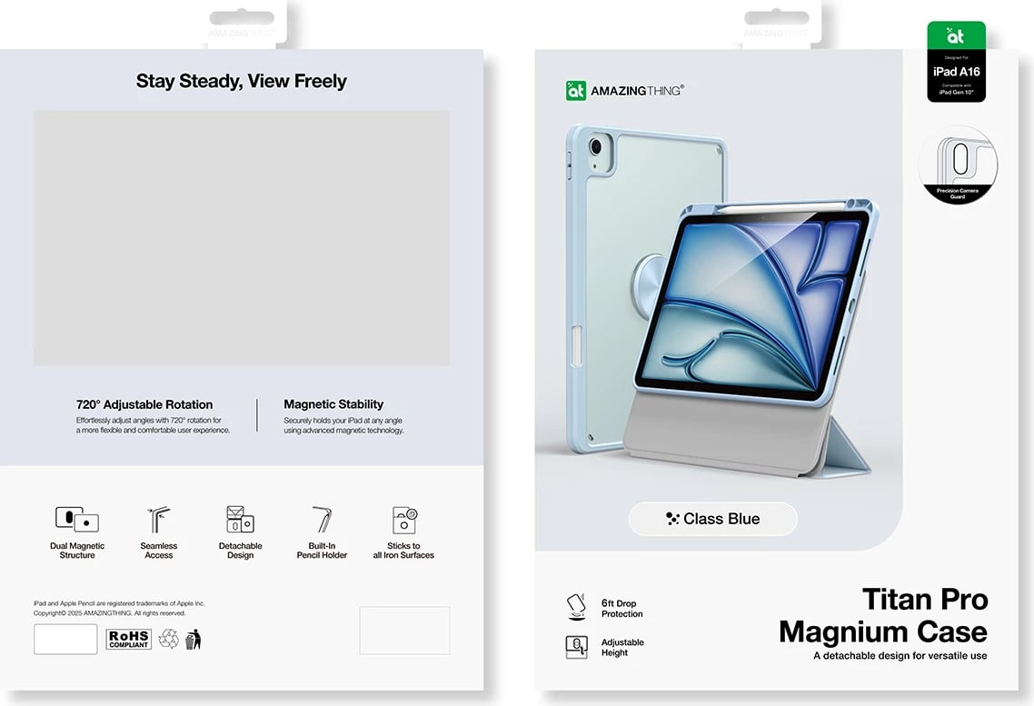 Mbështjellës tablet, AmazingThing Titan Pro Mag, për iPad 11" 2025 dhe iPad 10.9" 2022, magnetik me qëndrim 720°, dizajn i ndashëm, mbajtëse Apple Pencil, blu