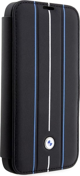 Mbështjellës BMW Leather Stamp Blue Lines për iPhone 14 Pro Max, 6.7", i zi, bookcase