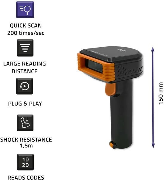 Lexues barkodash Qoltec 50878 me stacion dokimi, 1D/2D, i zi/portokalli