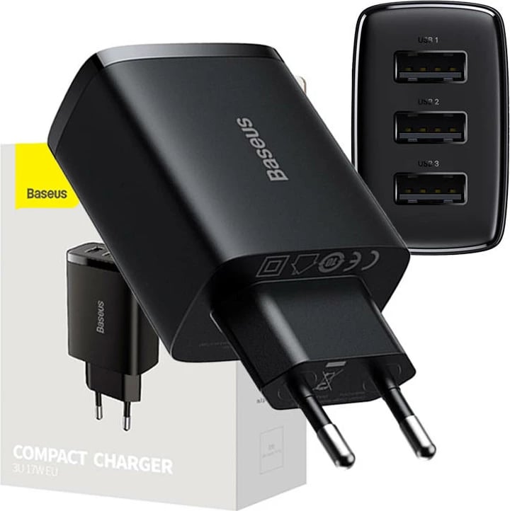 Karikues i shpejtë Baseus Compact, 3x USB, 17W, i zi