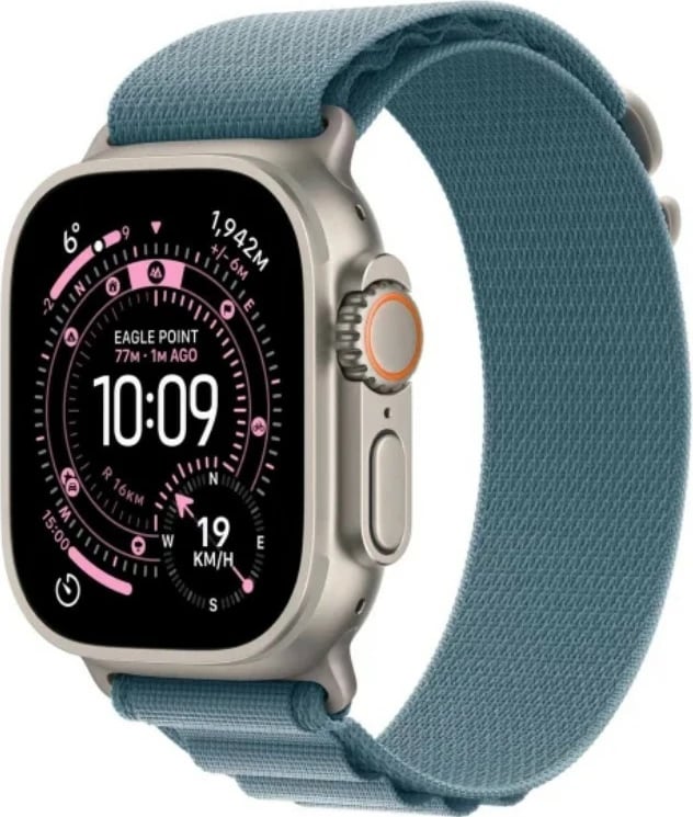Smartwatch, Apple, Watch Ultra 3 GPS + Cellular 49mm (MEWK4QP/A), 64 GB, ekran LTPO OLED Retina, Alpine Band madhësi S, ngjyrë titani natyral me rrip blu e çelët