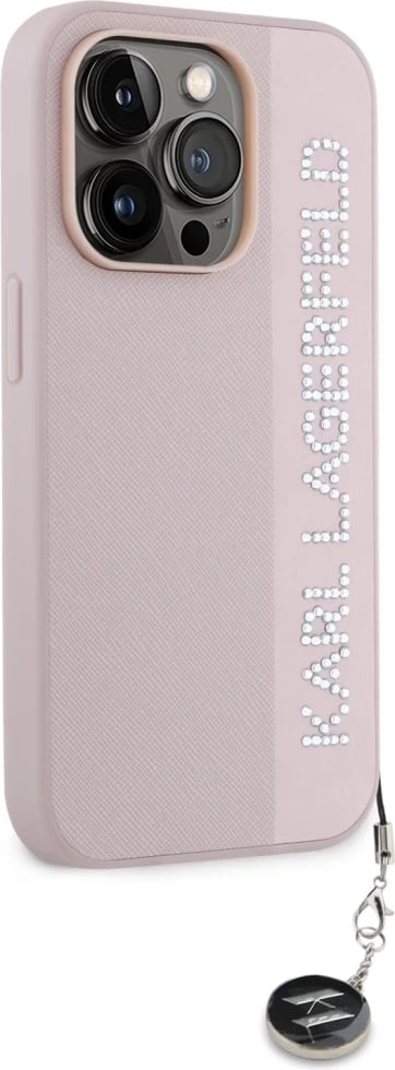 Mbështjellës Karl Lagerfeld Saffiano Rhinestones & Charm për iPhone 15 Pro, Rozë
