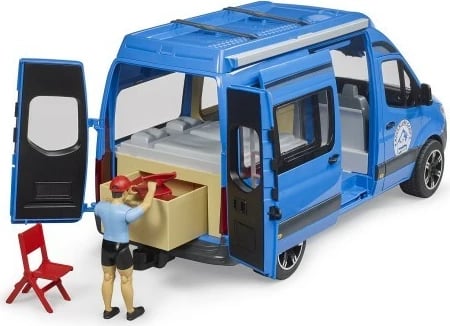 Set lodër kamper, BRUDER MB Sprinter BR-02684, me figurë bworld dhe aksesorë kampingu, dyer hapëse dhe derë rrëshqitëse, tendë tërheqëse, plastikë, blu