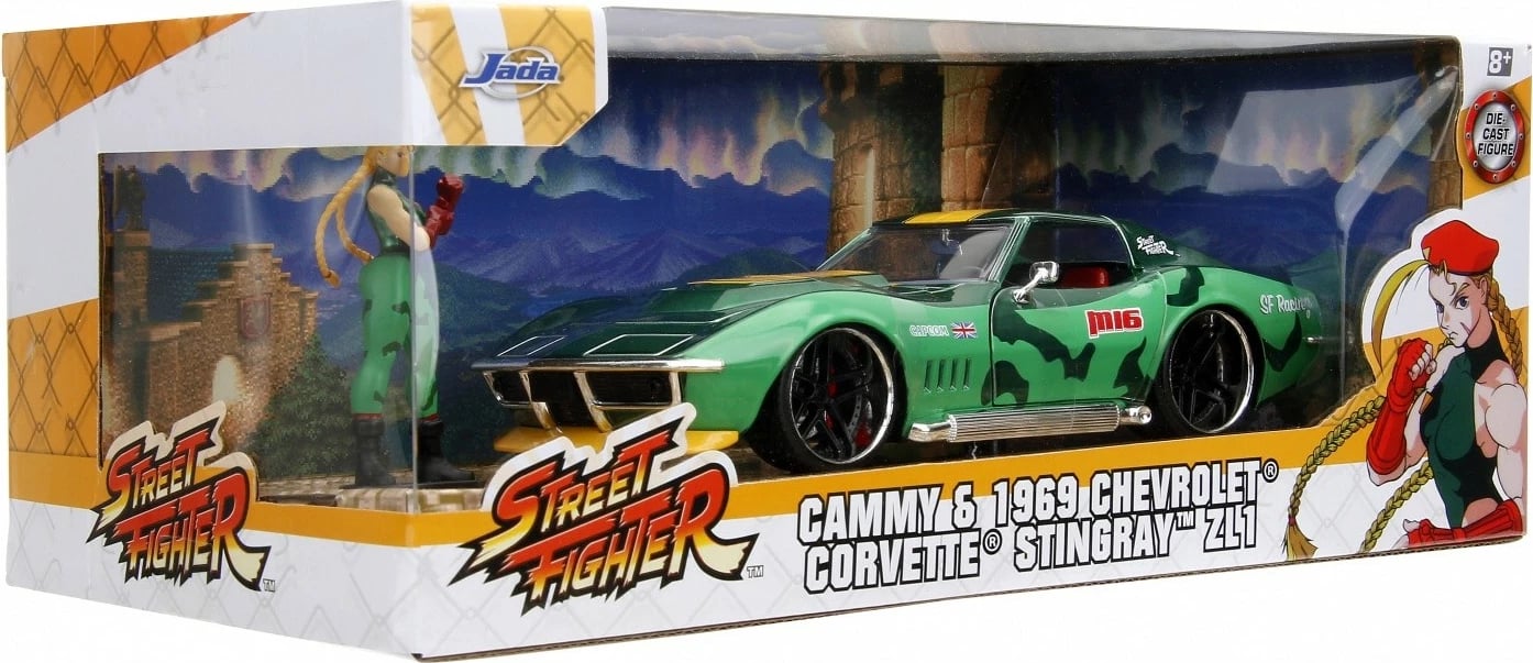 Veture lodër Jada Toys Street Fighter 1969 Chevrolet Corvette 1:24 me figurë Cammy, Gjelbër/Verdhë