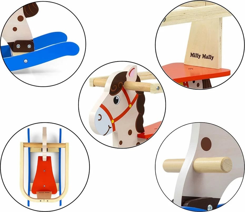 kalë luhatëse druri, Milly Mally Lucky 12, me mbështetëse shpine dhe barriera të heqshme, për fëmijë 12–36 muaj, ngjyrë blu-kuqe