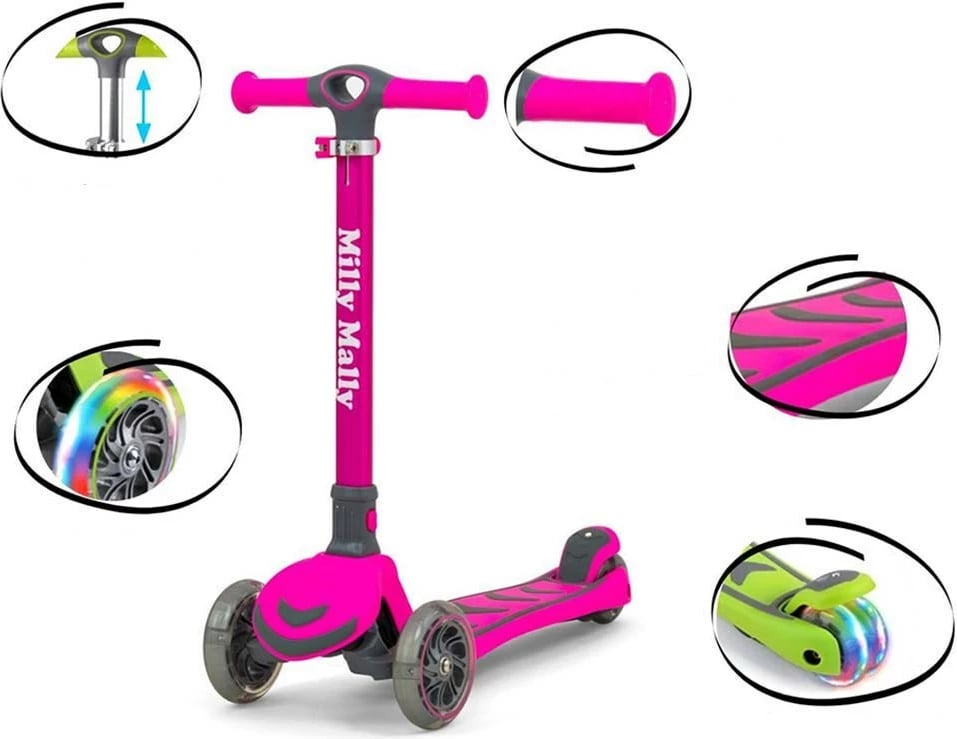 Trotinet fëmijësh, Milly Mally Boogie, 3 rrota, timon me balancë, rregullim 3 nivele, rrota me drita LED, 3+ 50 kg, rozë