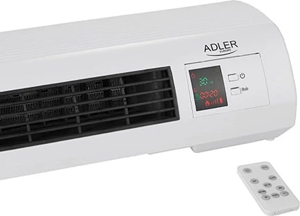Perde ajri ngrohëse Adler AD 7714, 2200W max, 2 nivele 1000/2000W, element qeramik, termostat 7–38°C, kohëmatës javor, telekomandë, montim muri, bardhë