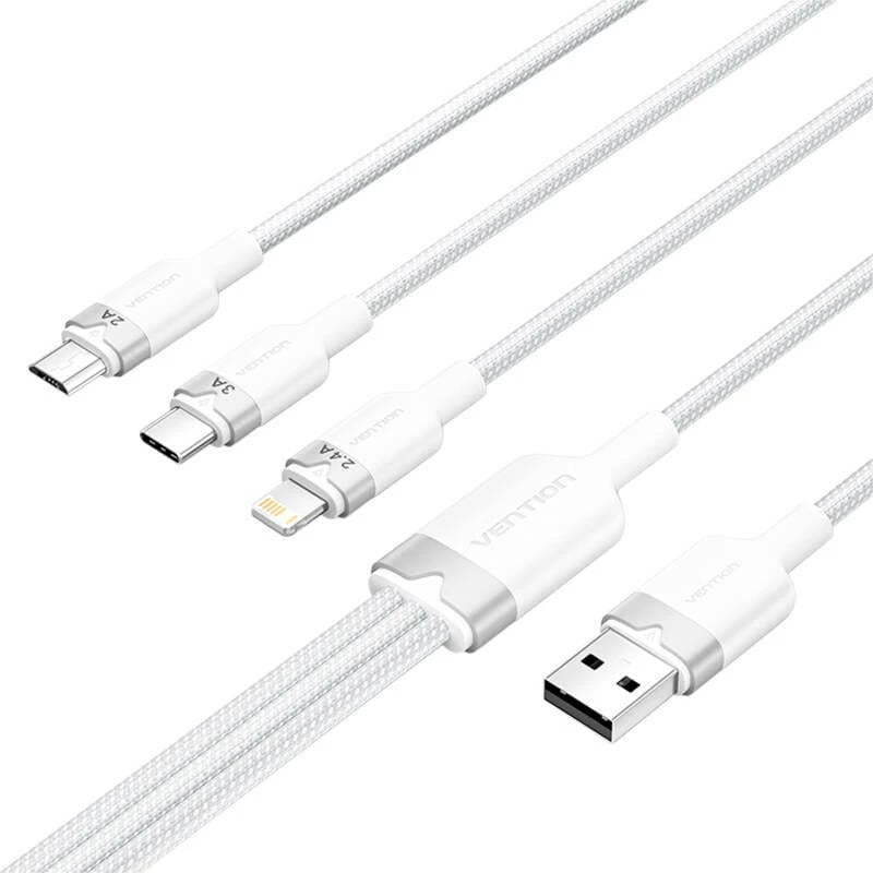 Kabllo 3-në-1 Vention CTPWG, USB 2.0 A në USB-C/Lightning/Micro-B, 1.5m, Bardhë