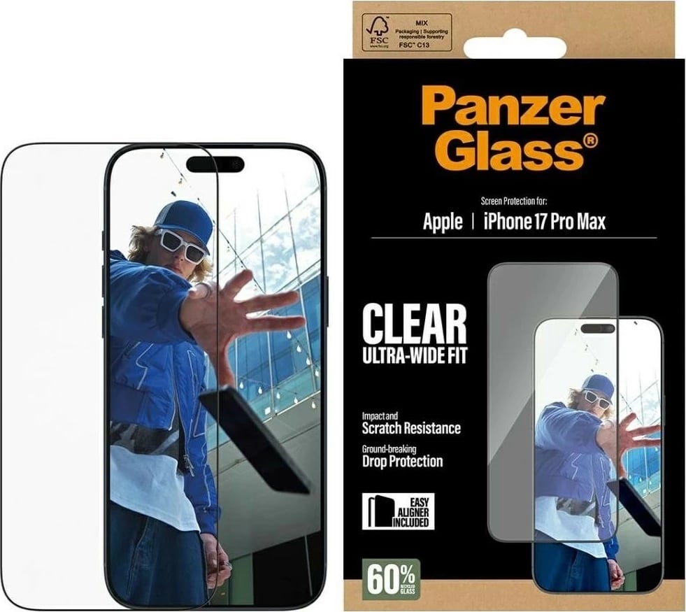 Mbështjellës xhami PanzerGlass Ultra-Wide Fit EasyAligner për iPhone 17 Pro Max transparent