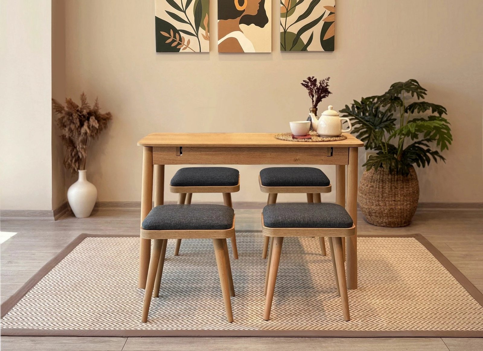 Set tavoline me karrige, zgjatshme, 5 copë, Skye Decor, Vina Mini 05 1053, ngjyrë lis dhe antracit