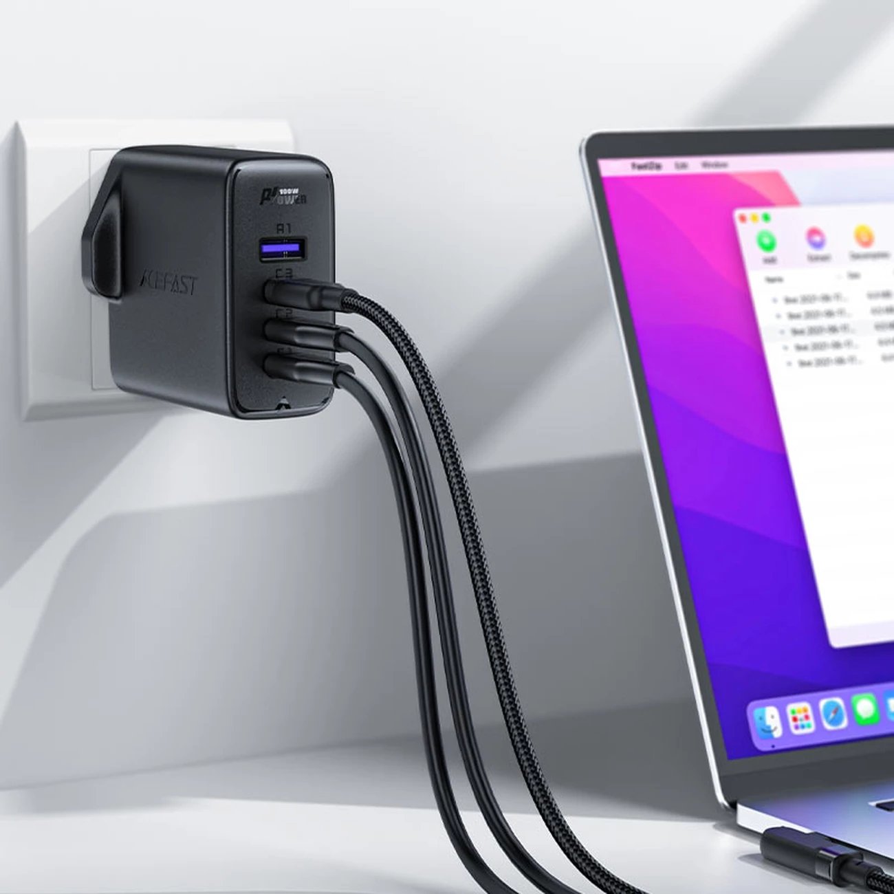 Karikues i shpejtë muri Acefast A40, 100W, 3x USB-C, 1x USB-A, GaN, me kabllo USB-C, UK plug, zi