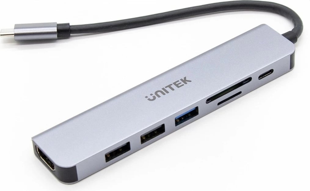 HUB USB-C Unitek H1118A 7-në-1, alumini, 100W PD, HDMI 4K, i zi/gri/argjendtë