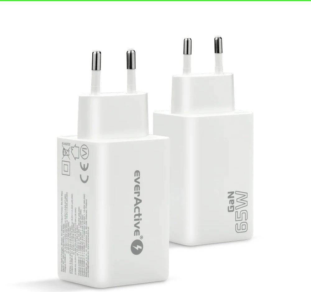 Karikues muri GaN, everActive SC-655Q, 65W, 1x USB + 2x USB-C, PD/PPS/QC4+, i bardhë
