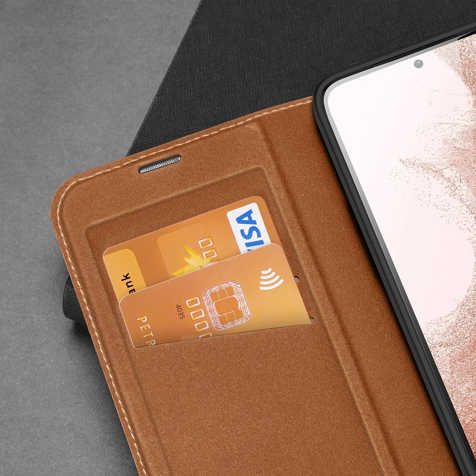 Mbështjellës Dux Ducis Skin X2 për Samsung Galaxy S23+, me kapak, portofol dhe qëndrim, Kafe Mbështjellës Dux Ducis Skin X2 për Samsung Galaxy S23+, me kapak, portofol dhe qëndrim, Kafe