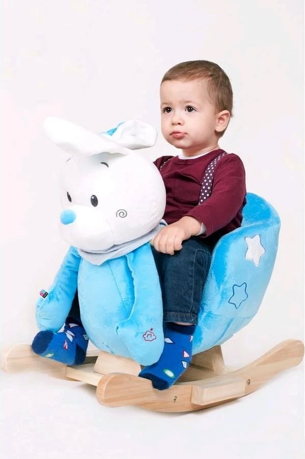 Lodër lëkundëse me melodi, PLAYTO, gomar, sedilje rreth 25 cm, prej plushi, e përshtatshme 18m+, gri