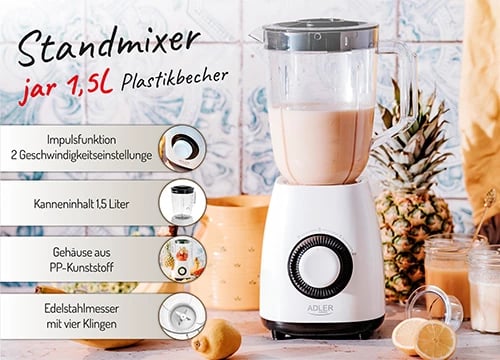 Blender, Adler, AD 4085, 1.5L gotë plastike BPA-free, 1000W, 2 shpejtësi + puls Blender, Adler, AD 4085, 1.5L gotë plastike BPA-free, 1000W, 2 shpejtësi + puls