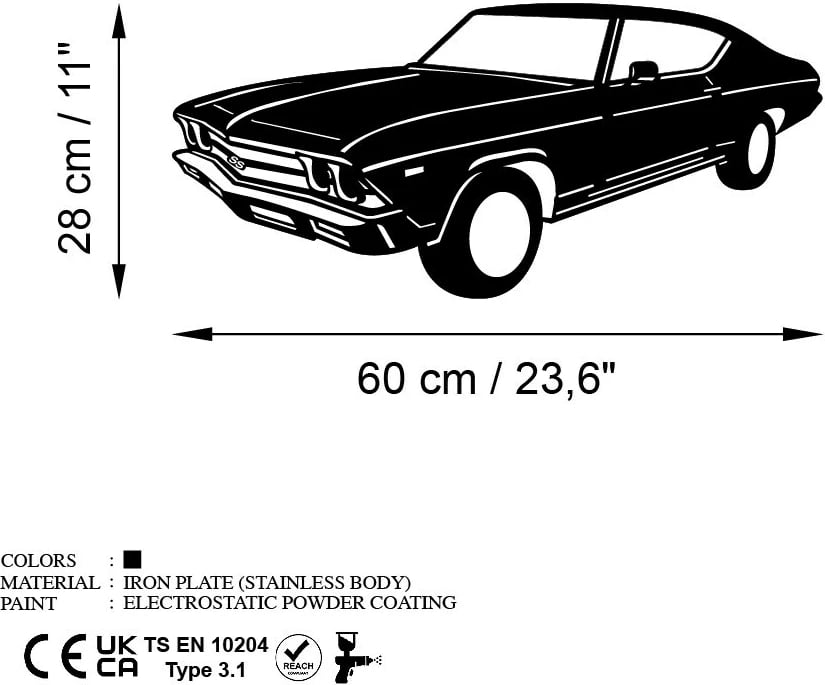Aksesor dekorativ metalik për mur, Chevrolet Chevelle SS 1969 Malibu, ngjyrë e zezë