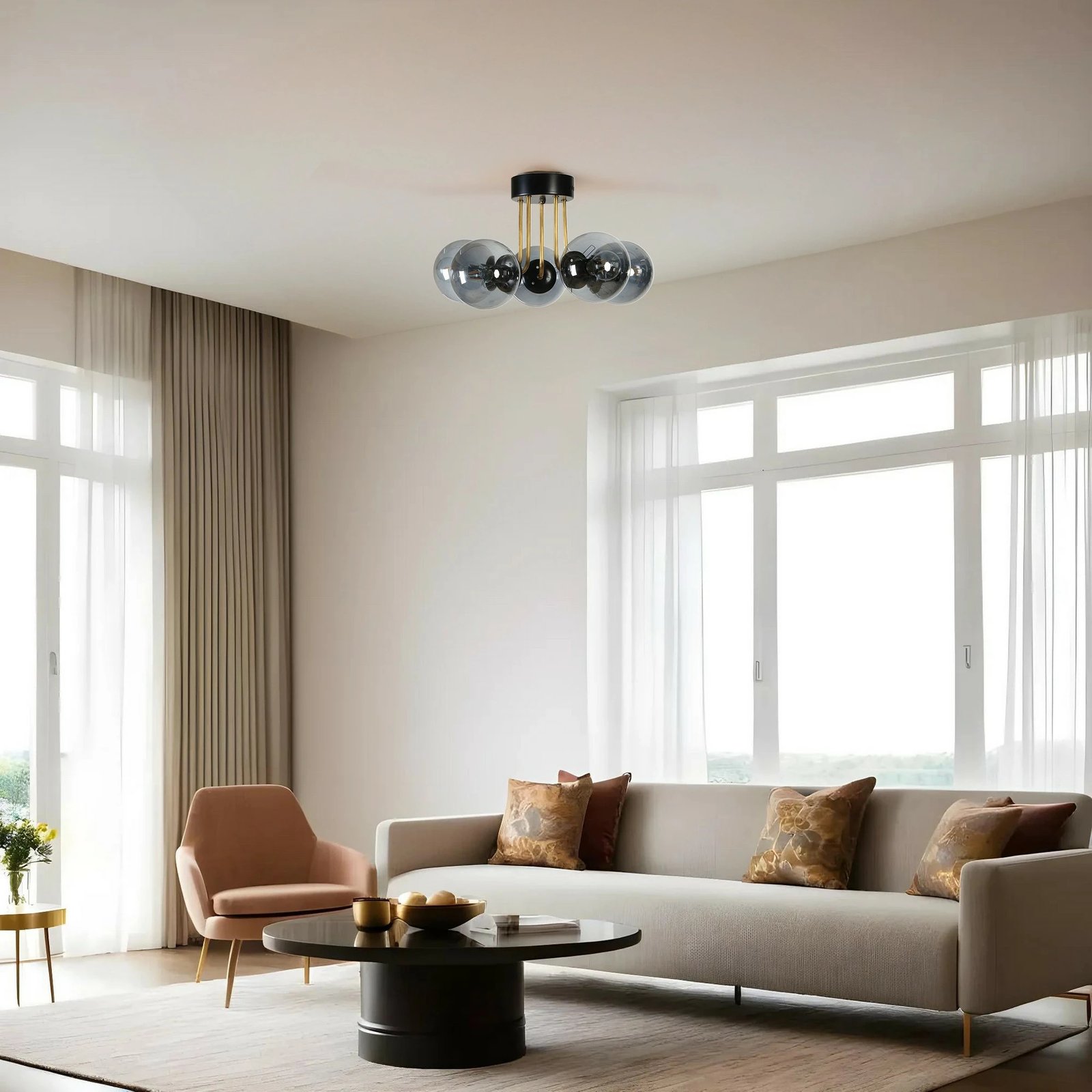 Llambë tavani Opviq Pablo, 5 drita, metal i zi, xham fume