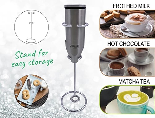 Rrahës qumështi Adler AD 4500, trup dhe tel çelik, me qëndrim, me bateri 2xAA, INOX