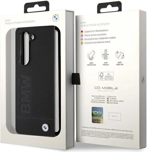 Mbështjellës BMW Leather Hot Stamp për Samsung Galaxy Z Fold 5, i zi