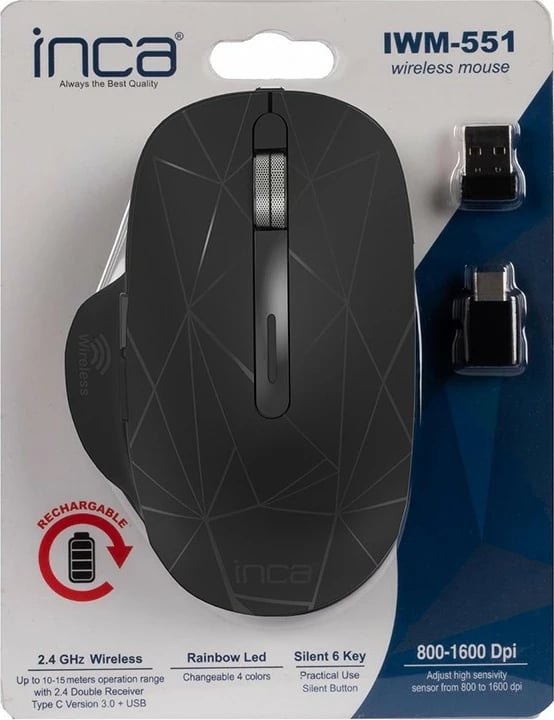 Maus wireless Inca IWM-551, 1600 DPI, USB-C, i zi me gjelbër