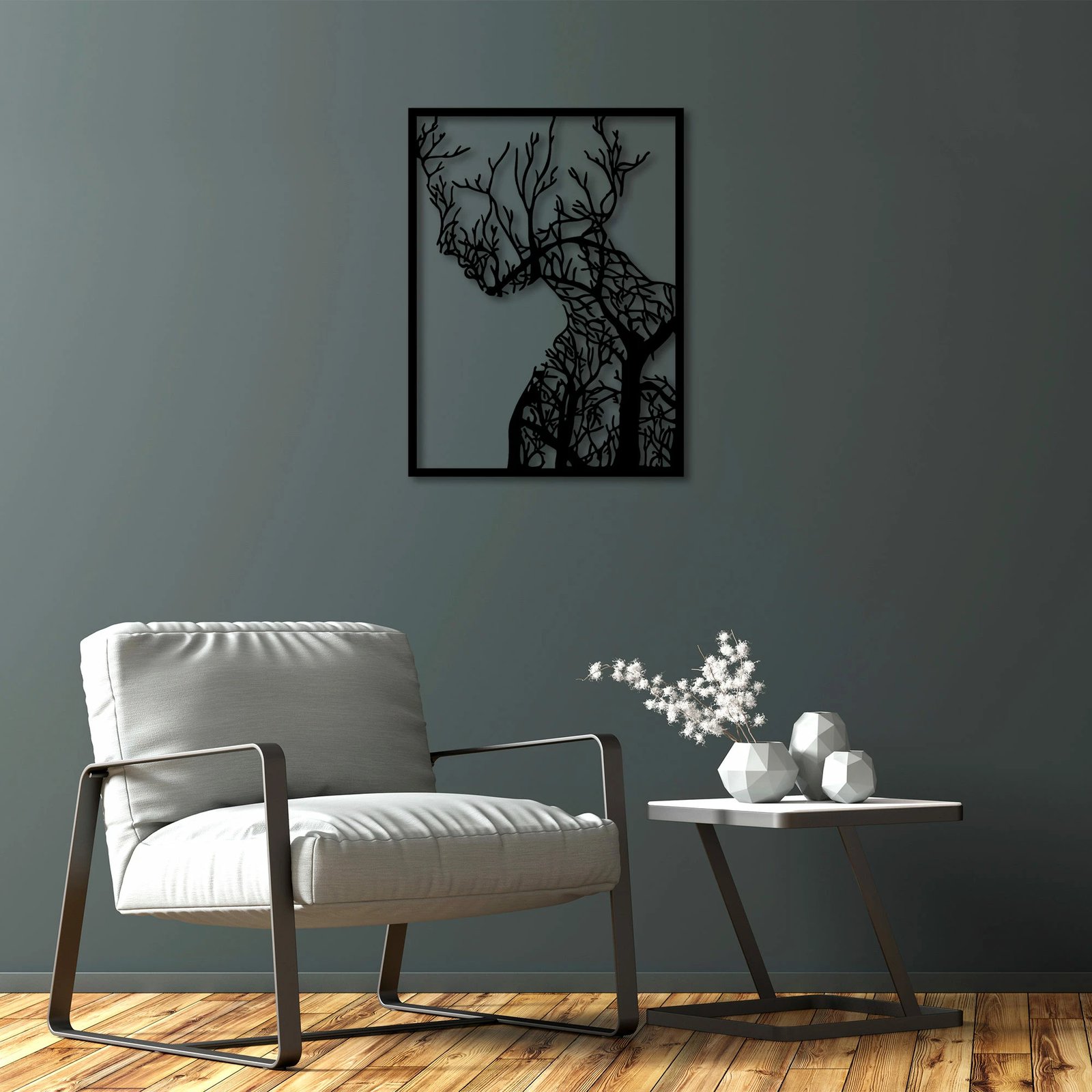 Aksesor dekorativ metalik për mur, Wallity, grua pemë, 52x70cm