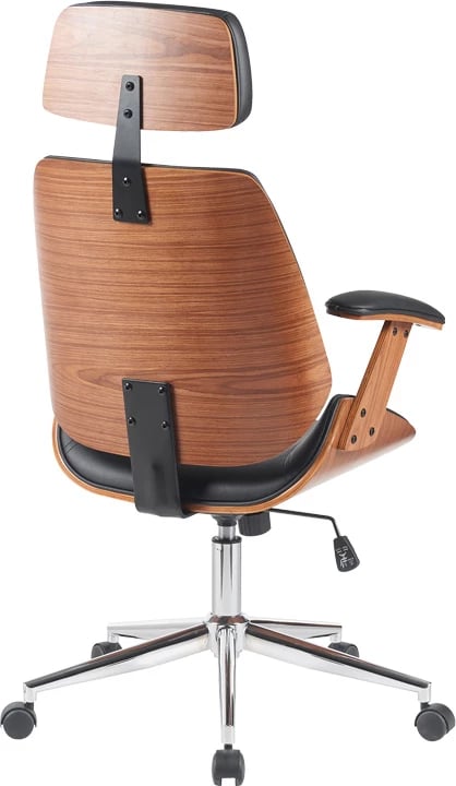 Karrige regjisori për zyre Fetseno, lëkurë PU e zezë, bazë kromi, 53x56x113.5-123.5cm