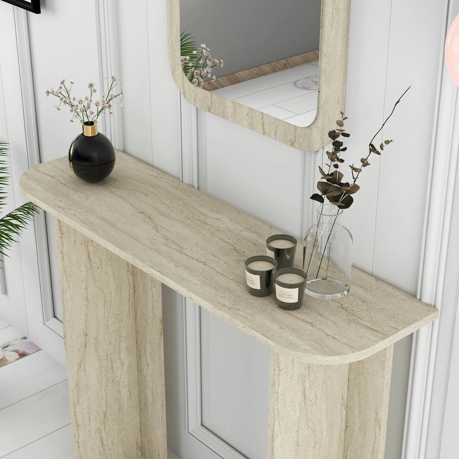 Tavolinë grimi me pasqyrë Modena, ngjyrë travertin, Skye Decor