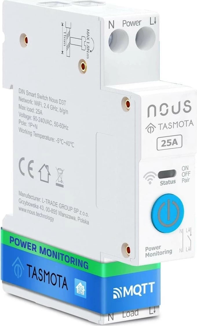 Switch i mençur Nous D3T DIN, 25A, Tasmota