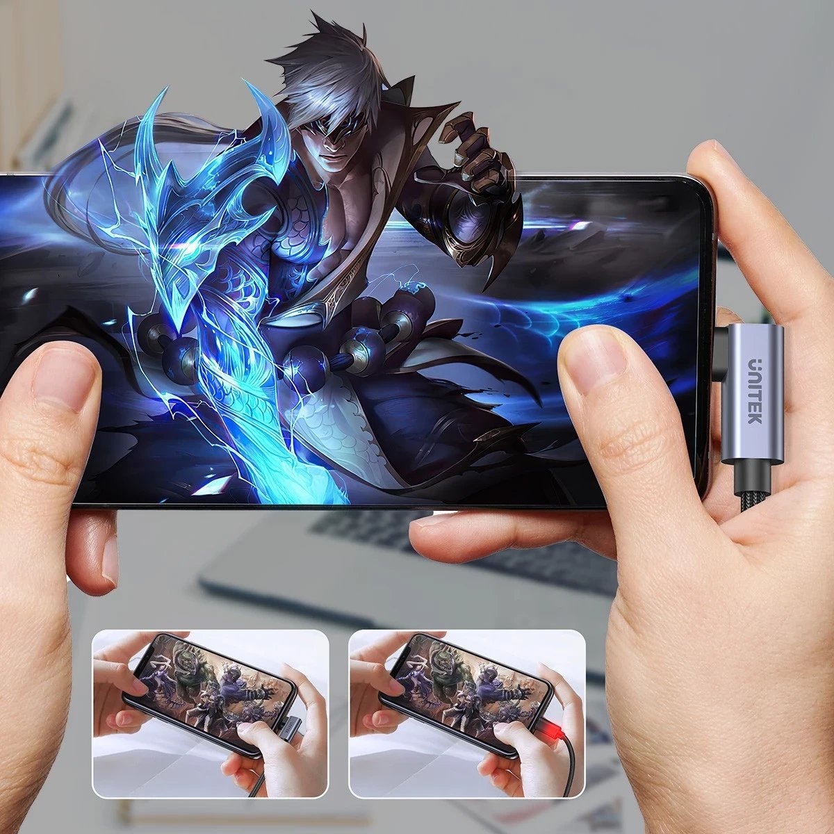 Kabëll USB-C Unitek, 90° PD100W, 1m, zi-gri Kabëll USB-C Unitek, 90° PD100W, 1m, zi-gri