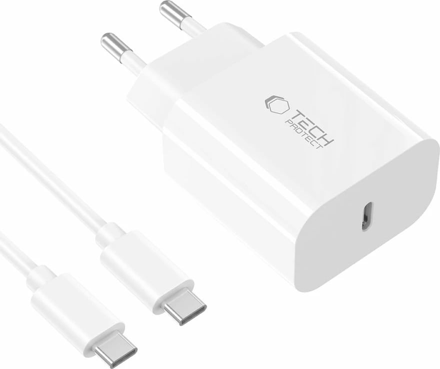Karikues muri Tech-Protect NC20W me USB-C, 20W, me kabllo USB-C, Bardhë