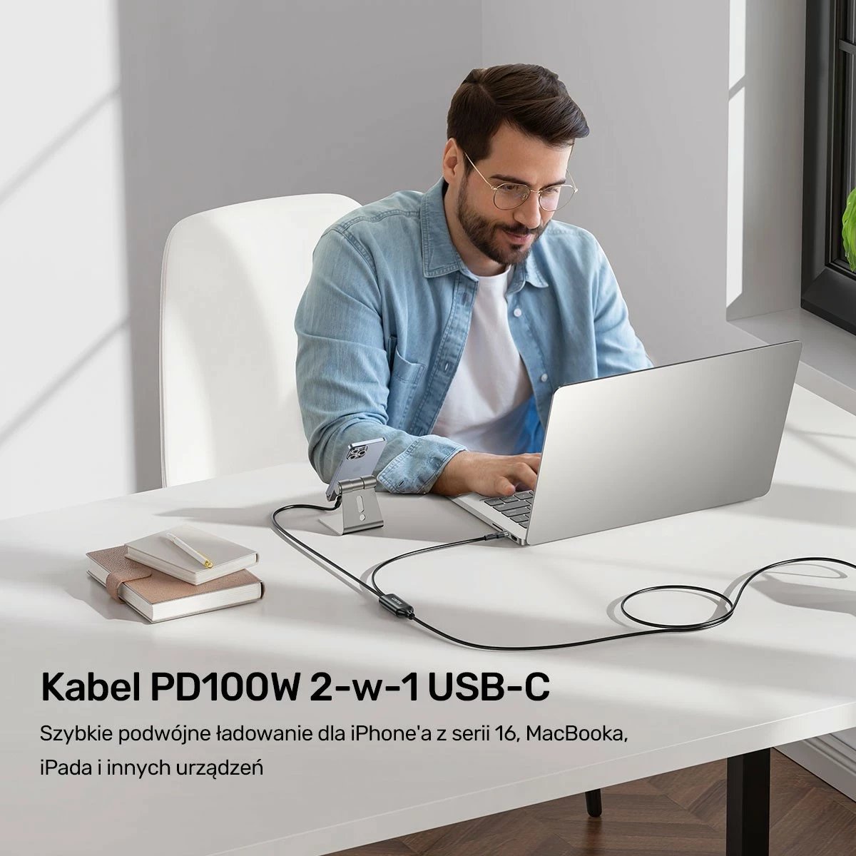 Kabllo Unitek USB-C 2n1 PD 100W silikon 1.8m zi