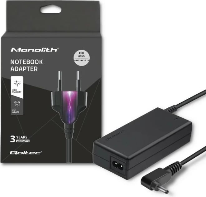 Adapter rryme për laptop Qoltec 51506.45W, për Asus, 45W, 19V, 2.37A, me kabllo, Zi