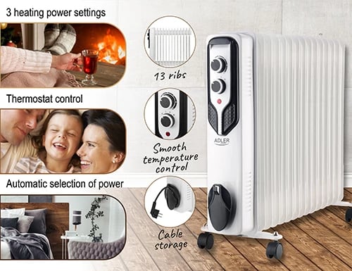 Radiator me vaj, Adler, 7819, 2500W 15 seksione, 3 nivele ngrohjeje, termostat, i bardhë