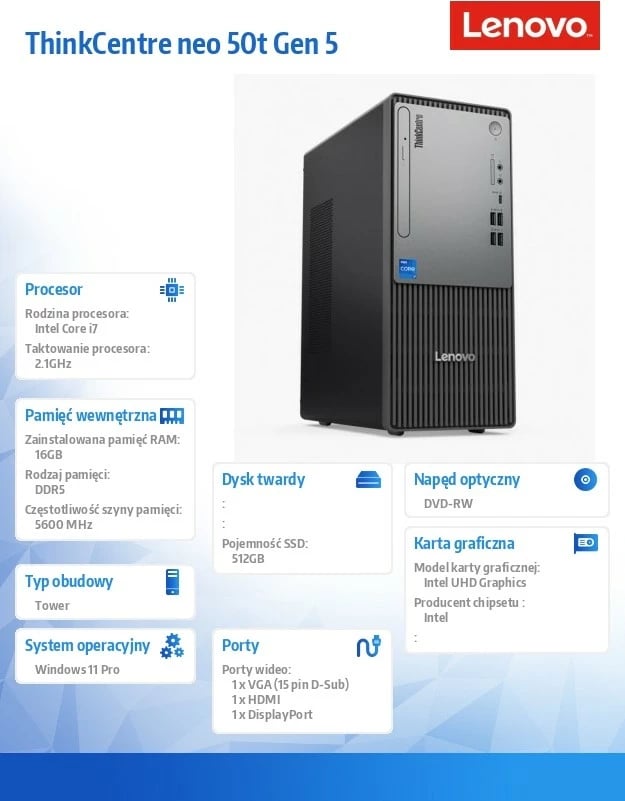 Kasë Lenovo ThinkCentre neo 50t Gen 5, Intel Core i7-14700, 16 GB RAM, 512 GB SSD, Windows 11 Pro, Zezë/Argjendtë