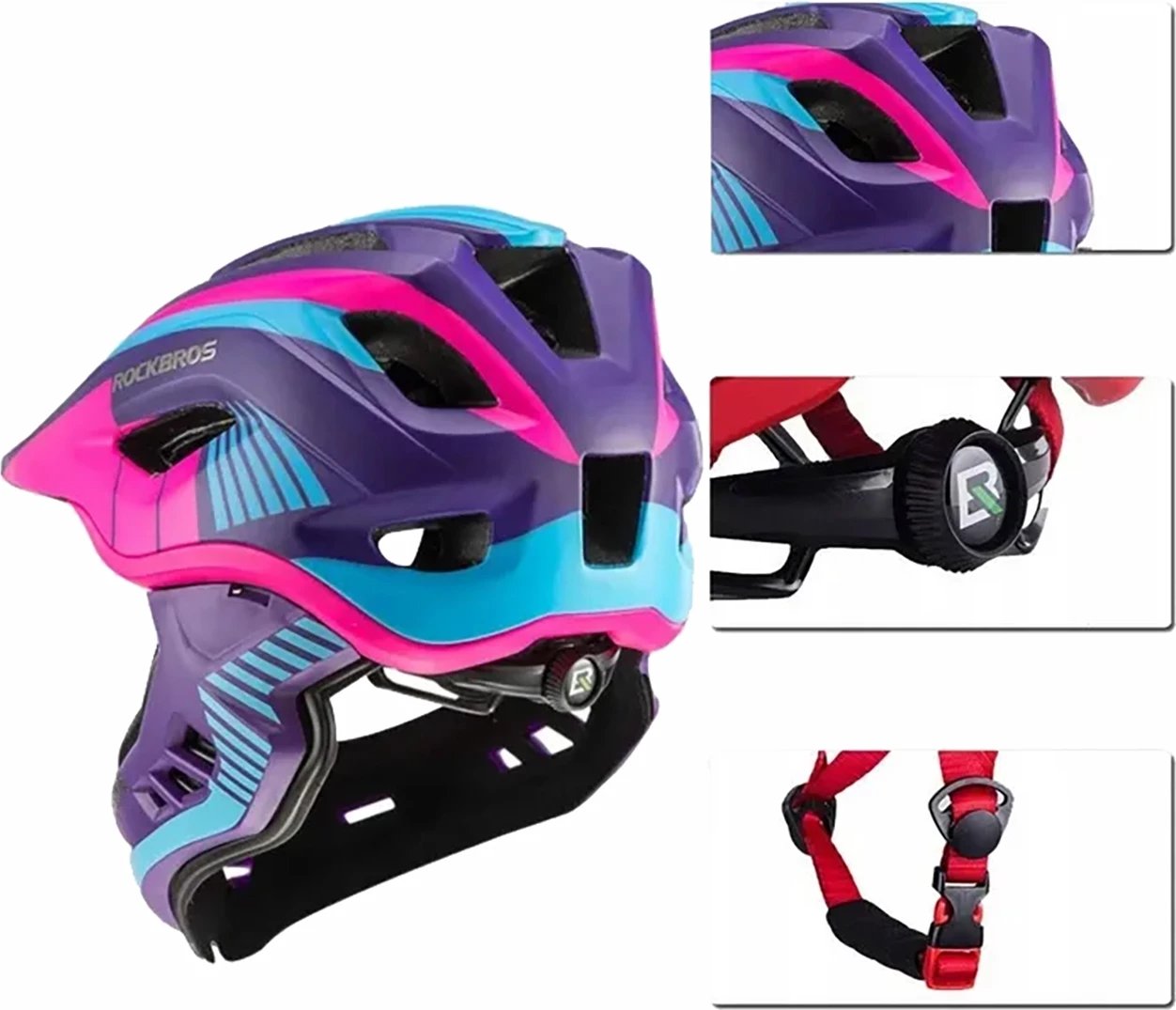 Helmetë biçiklete fëmijësh, Rockbros, TT-32SBPP-S, full-face me mjekërore të heqshme, 425 g, madhësia S (48-53 cm), rozë-vjollcë