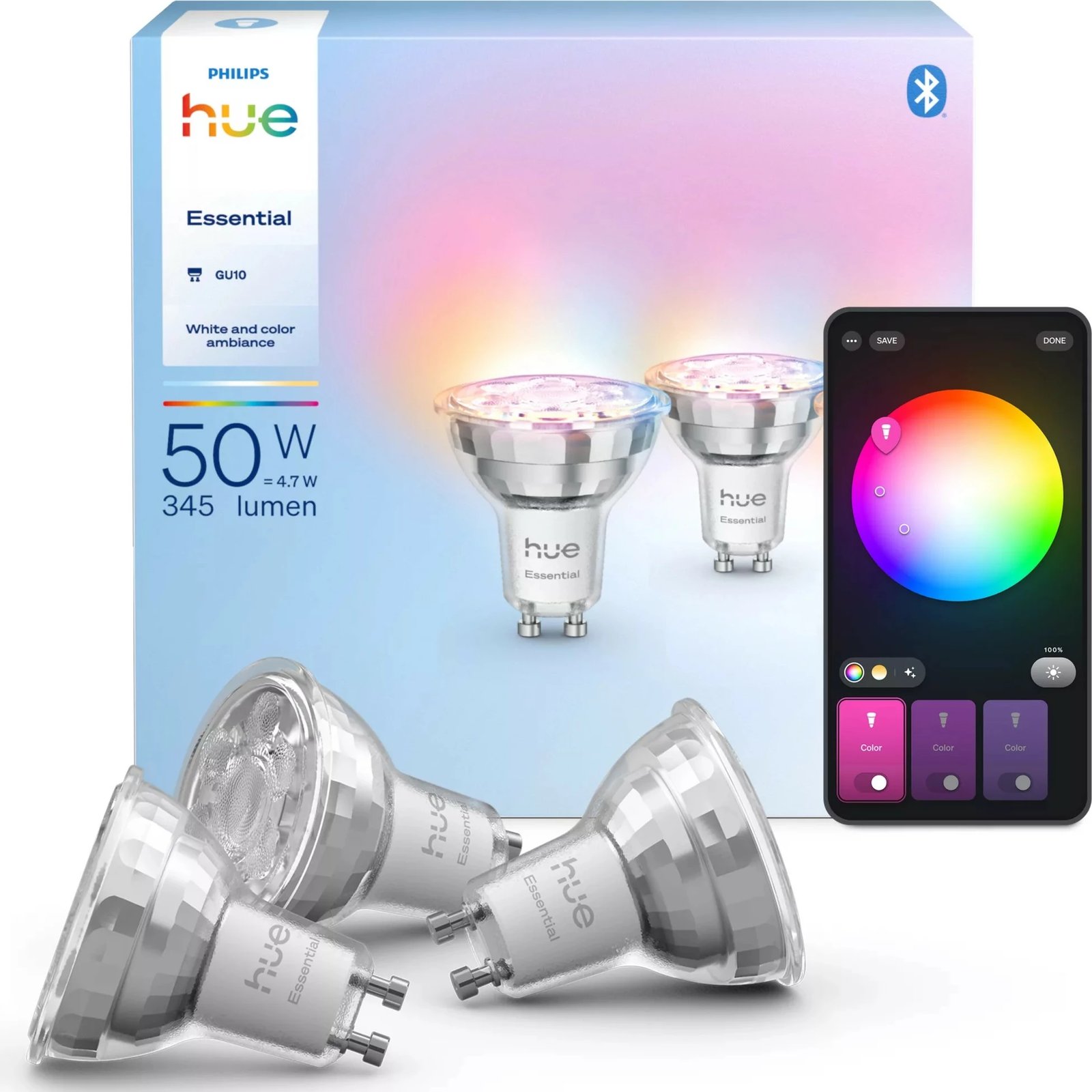 Llampa smart Philips Hue Essential WCA 345 GU10 3 copë