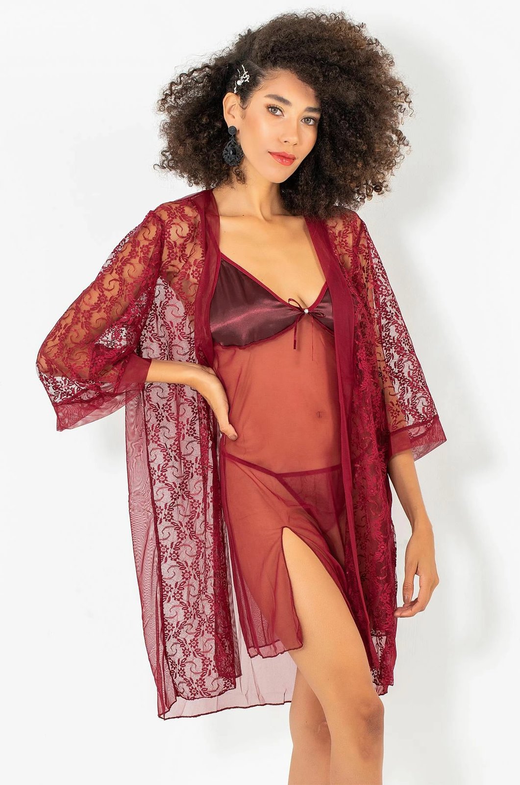 Set fustan nate me mantil mëngjesi Jumeon, ngjyrë e kuqe Claret, 011-008003