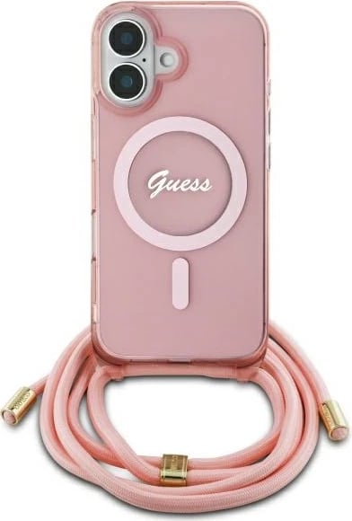 Mbështjellës Guess Crossbody Cord Script MagSafe për iPhone 16, Rozë