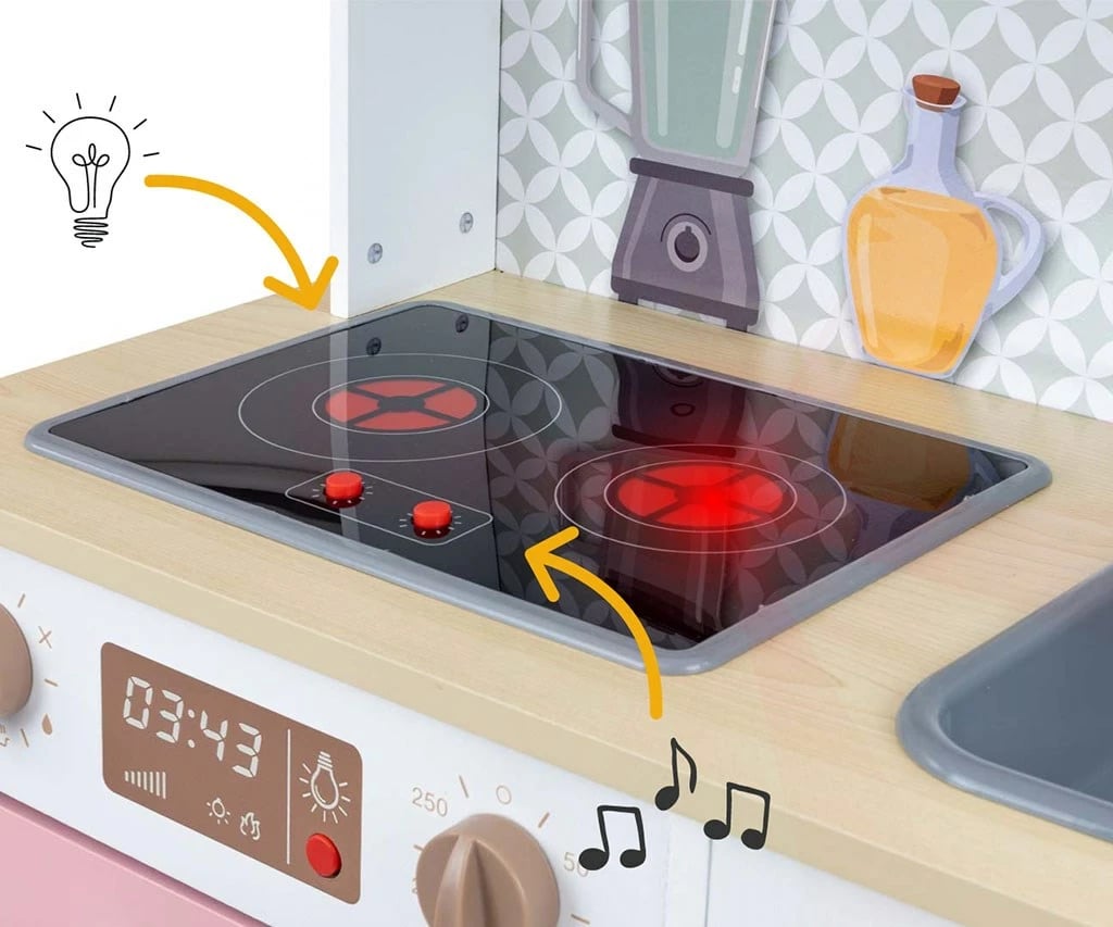 Kuzhinë loje prej druri, Milly Mally, Bjorn, me drita e tinguj, e rregullueshme në lartësi, me aksesorë, rozë