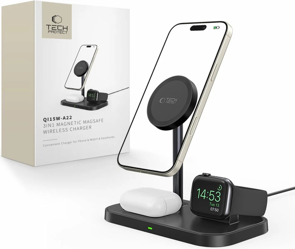 Karikues induktiv 3-në-1 Tech-Protect QI15W-A22 me MagSafe, për smartphone, Apple Watch dhe AirPods, i zi