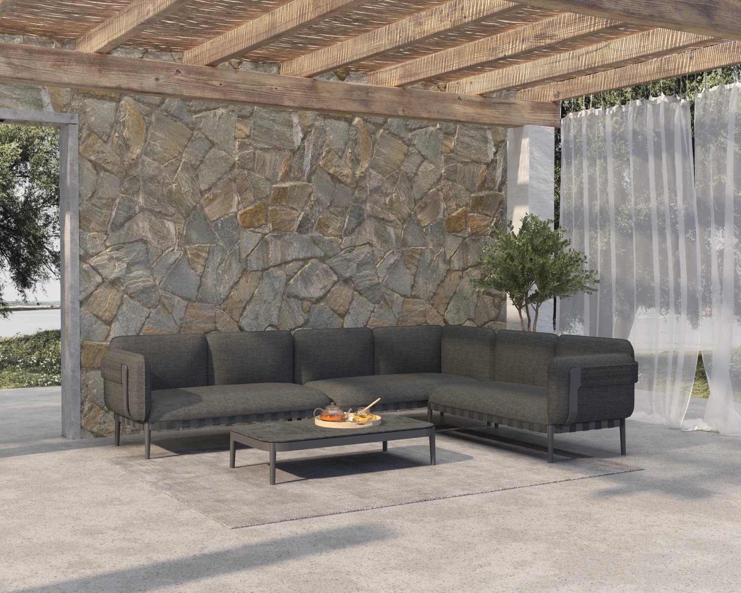 Set lounge për jashtë, 4 pjesë, PEGASUS CD6199.01, alumin, litar, material OLEFIN, ngjyrë gri e errët